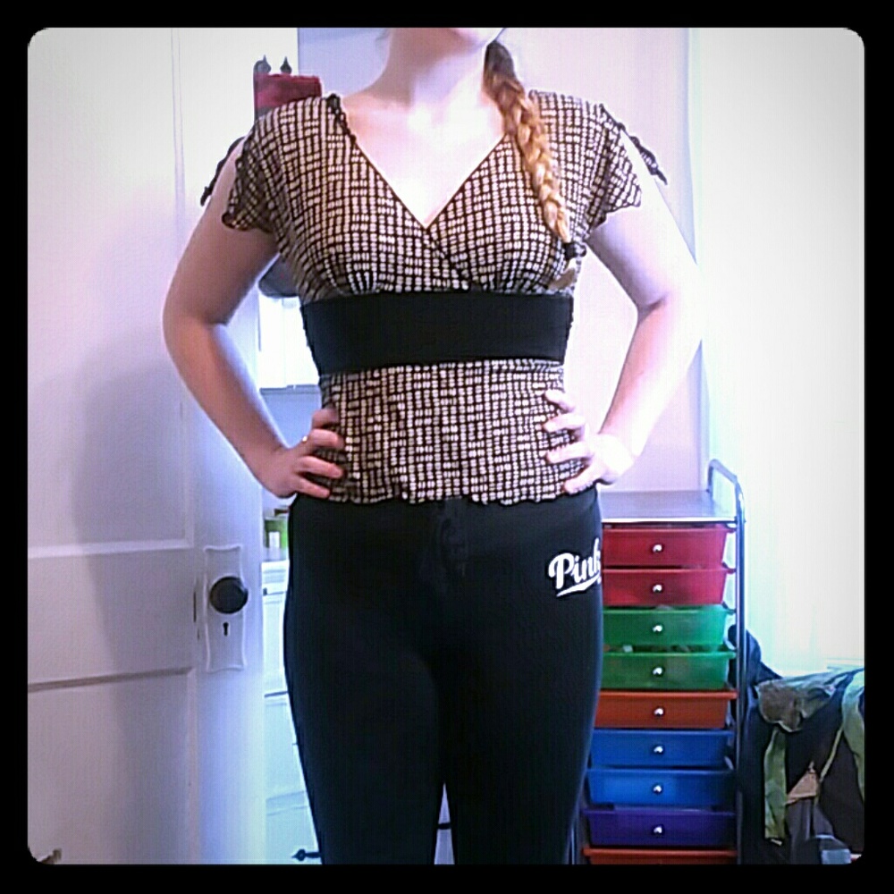 Black and tan blouse with open shoulders